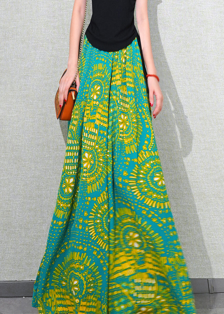 Green Print Pockets Chiffon Summer Wide Leg Pants