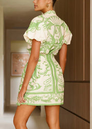 Green Print Pockets Linen Two Piece Set Stand Collar Puff Sleeve