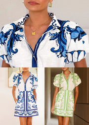 Green Print Pockets Linen Two Piece Set Stand Collar Puff Sleeve