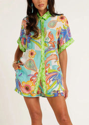Green Print Shirts And Shorts Two Pieces Set Short Sleeve