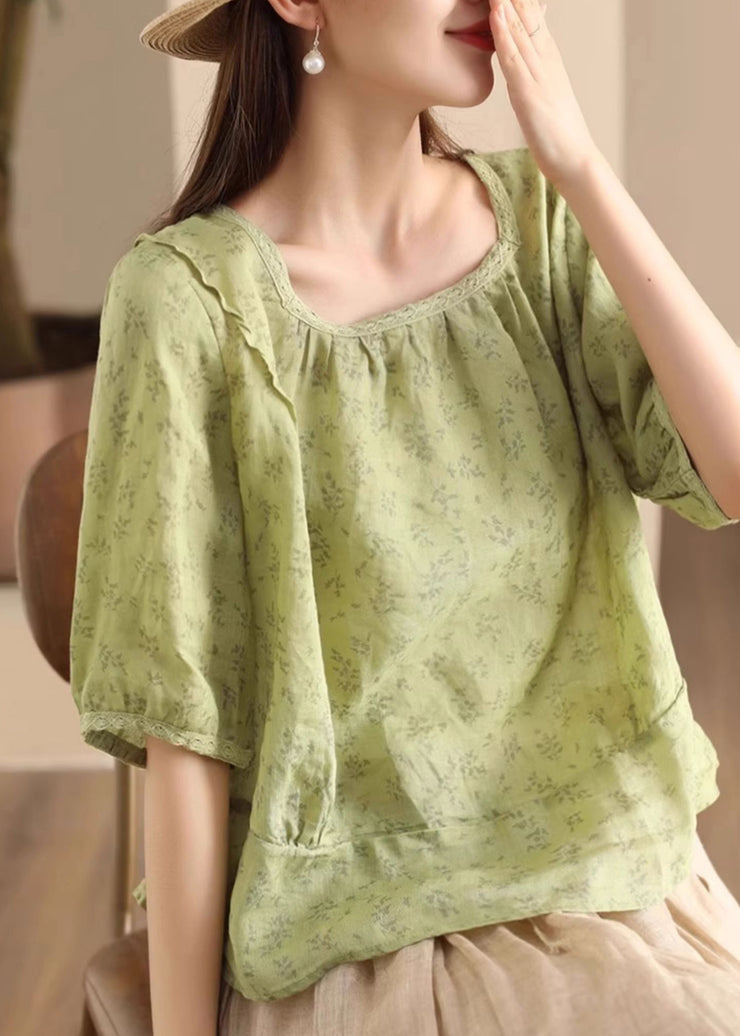 Green Print Wear On Both Sides Linen Shirt Button Half Sleeve