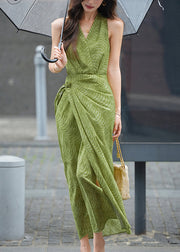 Green Side Open High Waist Cotton Long Dresses V Neck Summer