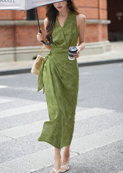 Green Side Open High Waist Cotton Long Dresses V Neck Summer