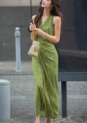 Green Side Open High Waist Cotton Long Dresses V Neck Summer