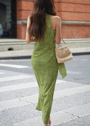 Green Side Open High Waist Cotton Long Dresses V Neck Summer