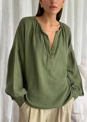 Green Solid Oversized Cotton Fall Shirt V Neck