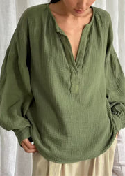 Green Solid Oversized Cotton Fall Shirt V Neck