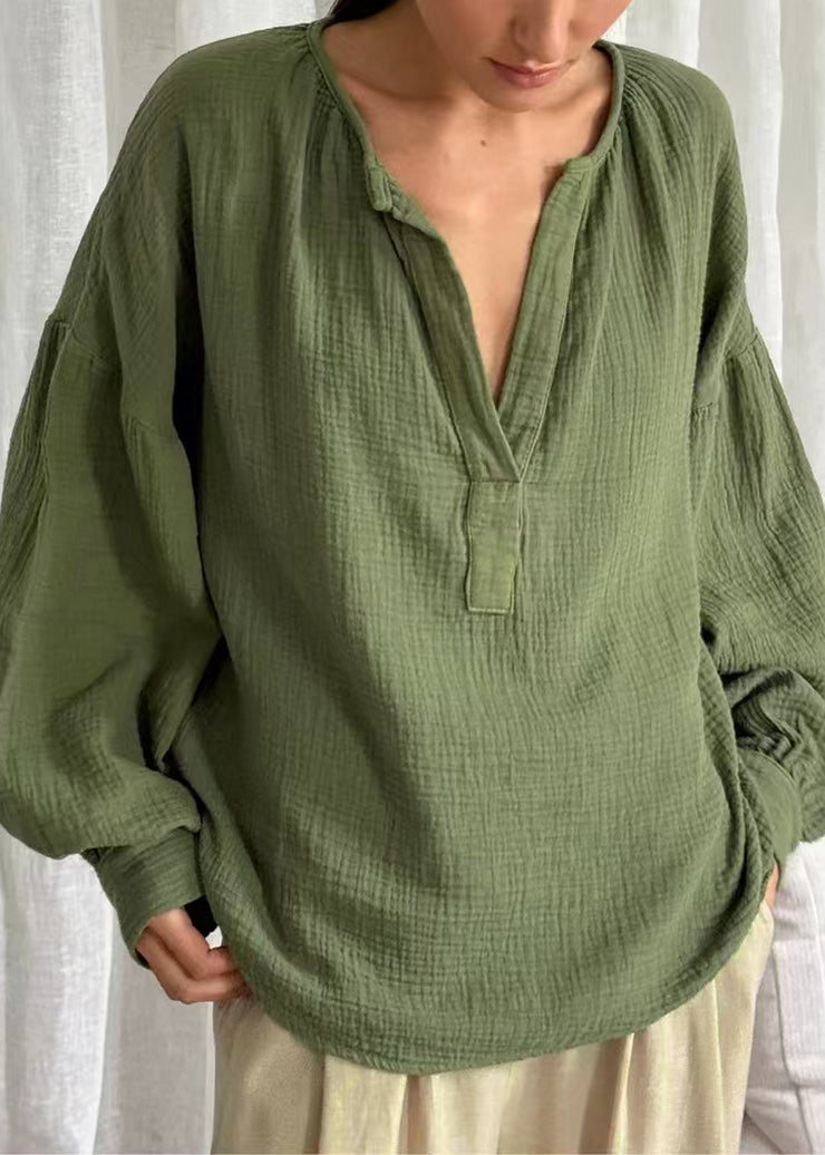 Green Solid Oversized Cotton Fall Shirt V Neck