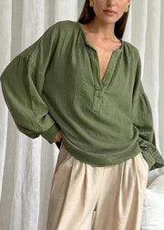 Green Solid Oversized Cotton Fall Shirt V Neck