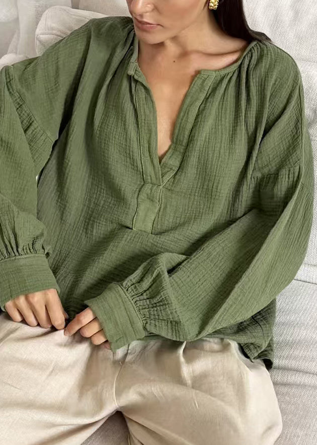 Green Solid Oversized Cotton Fall Shirt V Neck