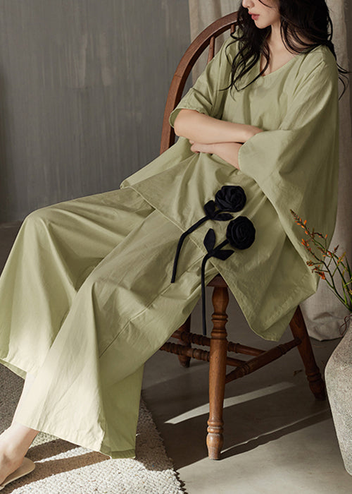 Green Solid T Shirt And Wide Leg Pants Cotton Two Piece Set V Neck Batwing Sleeve