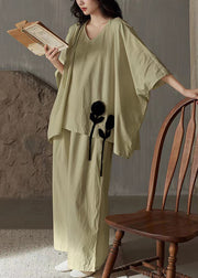 Green Solid T Shirt And Wide Leg Pants Cotton Two Piece Set V Neck Batwing Sleeve