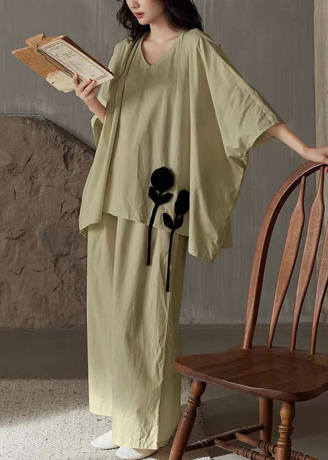 Green Solid T Shirt And Wide Leg Pants Cotton Two Piece Set V Neck Batwing Sleeve