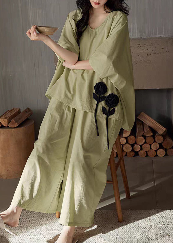 Green Solid T Shirt And Wide Leg Pants Cotton Two Piece Set V Neck Batwing Sleeve