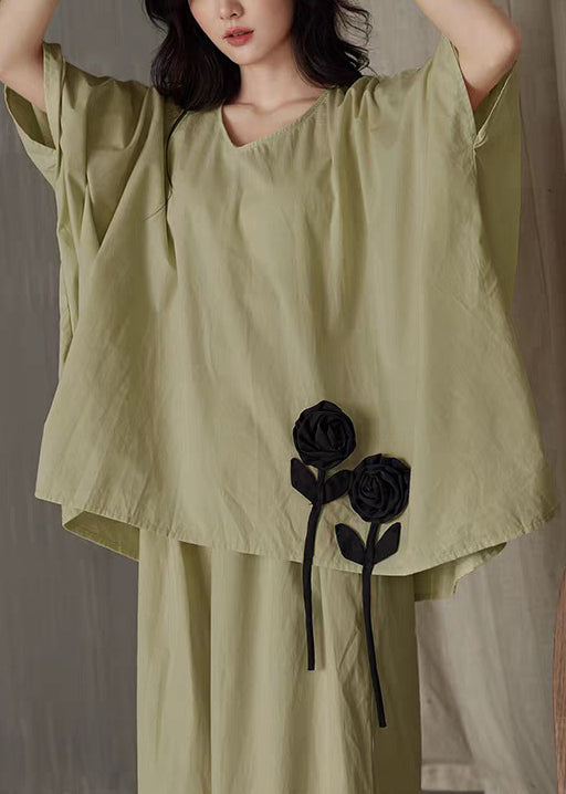 Green Solid T Shirt And Wide Leg Pants Cotton Two Piece Set V Neck Batwing Sleeve