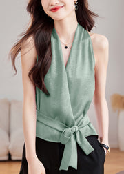 Green Tie Waist Solid Silk Tank V Neck Summer