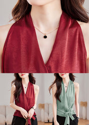 Green Tie Waist Solid Silk Tank V Neck Summer