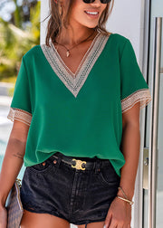 Green Tops V Neck Hollow Out Short Sleeve