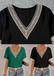 Green Tops V Neck Hollow Out Short Sleeve