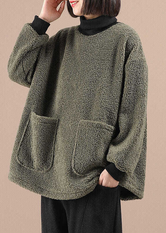 Green Turtleneck Faux Fur Fleece Sweatshirts Winter