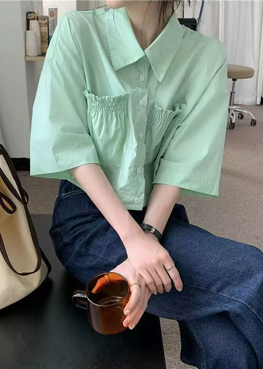 Green Wrinkled Pockets Cotton Blouse Peter Pan Collar Half Sleeve
