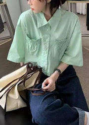Green Wrinkled Pockets Cotton Blouse Peter Pan Collar Half Sleeve