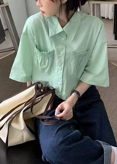 Green Wrinkled Pockets Cotton Blouse Peter Pan Collar Half Sleeve