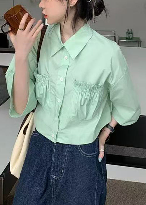 Green Wrinkled Pockets Cotton Blouse Peter Pan Collar Half Sleeve