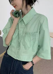 Green Wrinkled Pockets Cotton Blouse Peter Pan Collar Half Sleeve