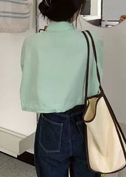 Green Wrinkled Pockets Cotton Blouse Peter Pan Collar Half Sleeve