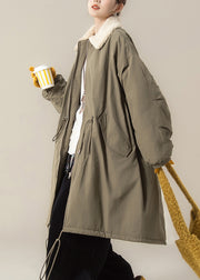 Green Zippered Drawstring Solid Maxi Parkas Lantern Sleeve