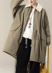 Green Zippered Drawstring Solid Maxi Parkas Lantern Sleeve