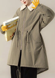 Green Zippered Drawstring Solid Maxi Parkas Lantern Sleeve