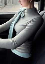 Grey Bow Patchwork Slim Fit Cotton T Shirts Fall