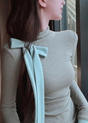 Grey Bow Patchwork Slim Fit Cotton T Shirts Fall