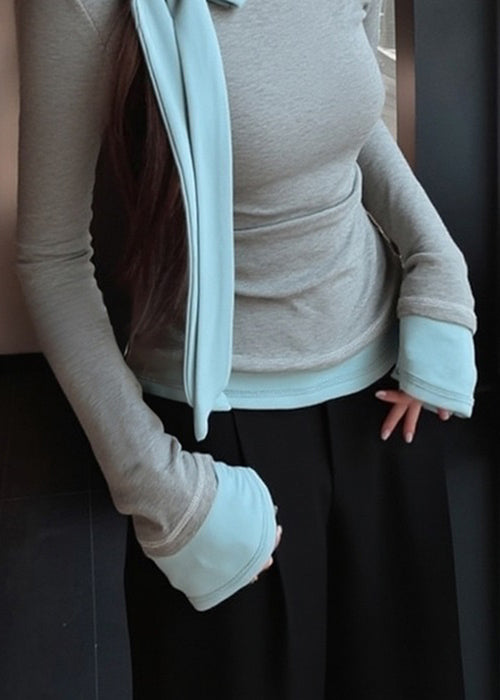 Grey Bow Patchwork Slim Fit Cotton T Shirts Fall