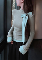 Grey Bow Patchwork Slim Fit Cotton T Shirts Fall