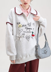 Grey Bow Print Cotton Fall Sweatshirts Peter Pan Collar
