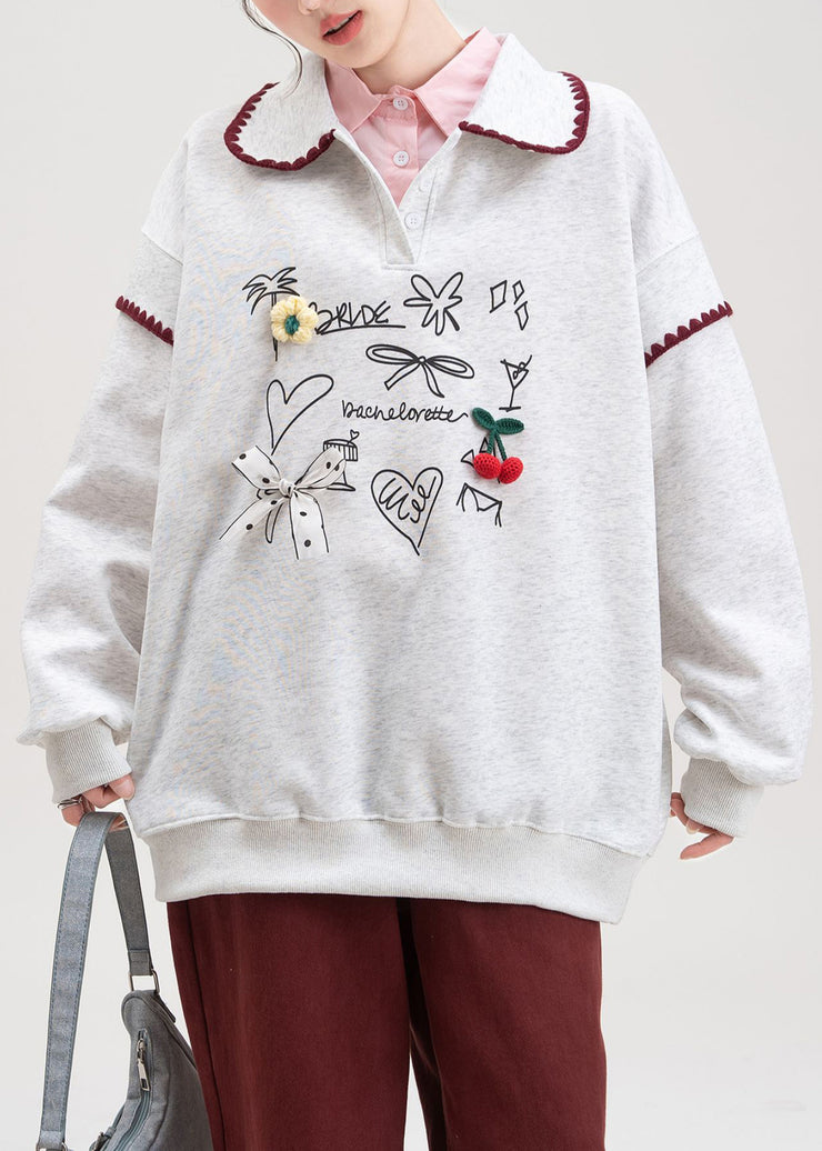 Grey Bow Print Cotton Fall Sweatshirts Peter Pan Collar