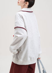 Grey Bow Print Cotton Fall Sweatshirts Peter Pan Collar