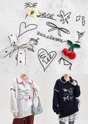 Grey Bow Print Cotton Fall Sweatshirts Peter Pan Collar