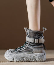 Grey Breathable Mesh Splicing Lace Up Platform Boots