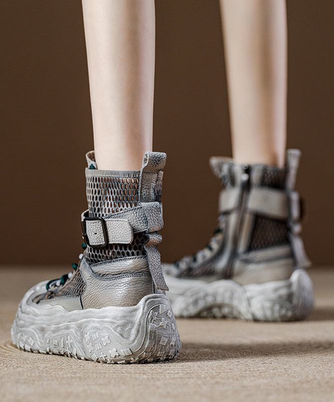 Grey Breathable Mesh Splicing Lace Up Platform Boots