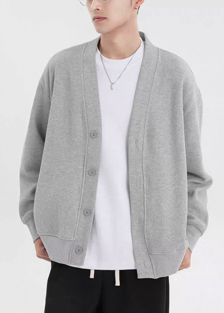 Grey Button Oversized Cotton Cardigan Men Casual Clothing V Neck