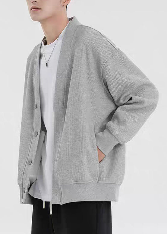 Grey Button Oversized Cotton Cardigan Men Casual Clothing V Neck