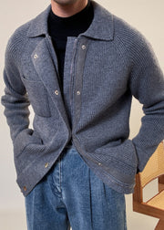 Grey Button Pockets Cozy Cotton Knit Fall Mens Coats Zip Up