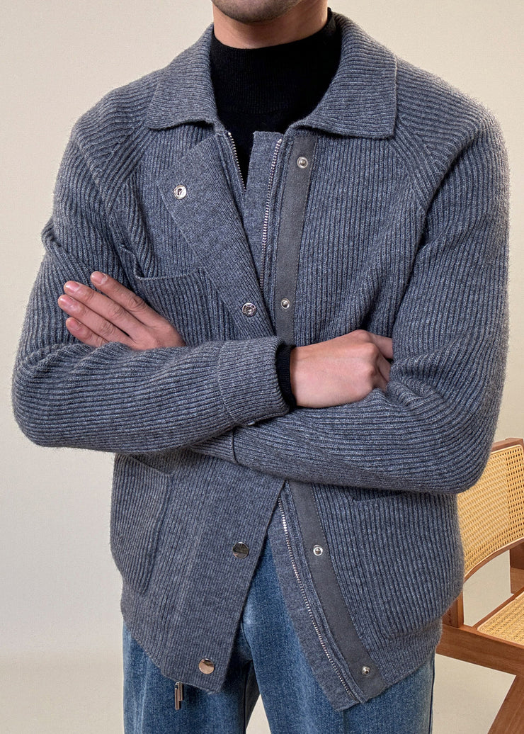 Grey Button Pockets Cozy Cotton Knit Fall Mens Coats Zip Up