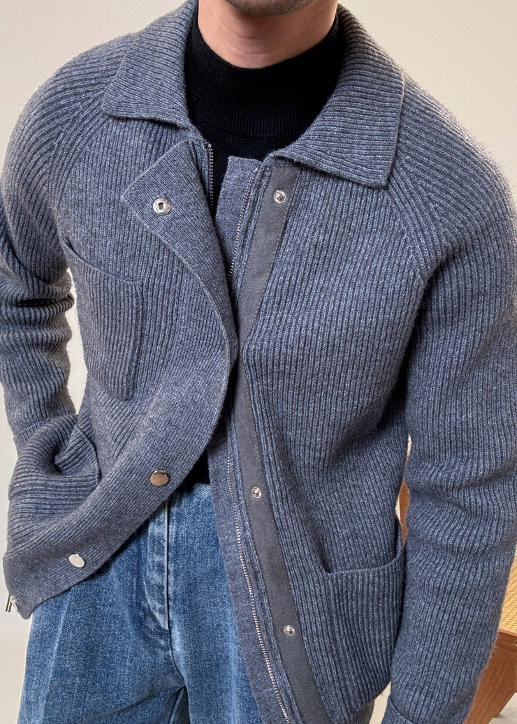 Grey Button Pockets Cozy Cotton Knit Fall Mens Coats Zip Up