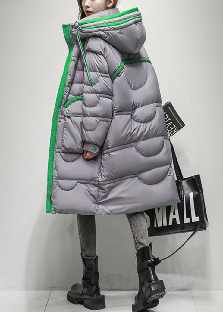 Grey Button Pockets Duck Down Winter Down Long Coat Hooded