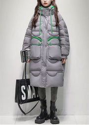 Grey Button Pockets Duck Down Winter Down Long Coat Hooded